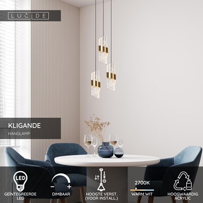 Lucide KLIGANDE - Hanglamp - Ø 25 cm - LED Dimb. - 3x8W 2700K - Mat Goud / Messing